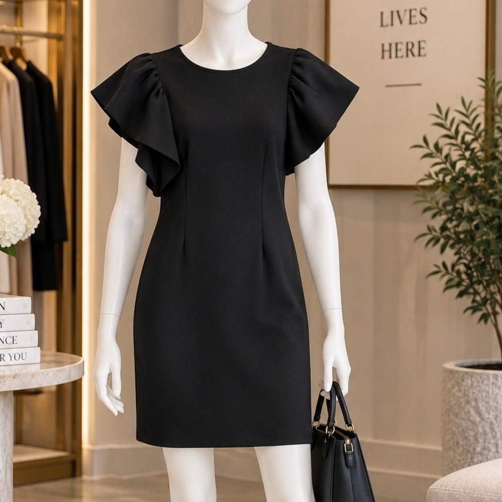 Nina Leonard Women Dress Dramatic Puff Sleeve Black Sheath Size Small